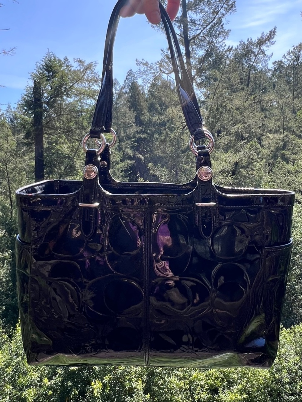 VINTAGE COACH Black Embossed Patent Leather Shoulder Bag Tote Silver Hardware